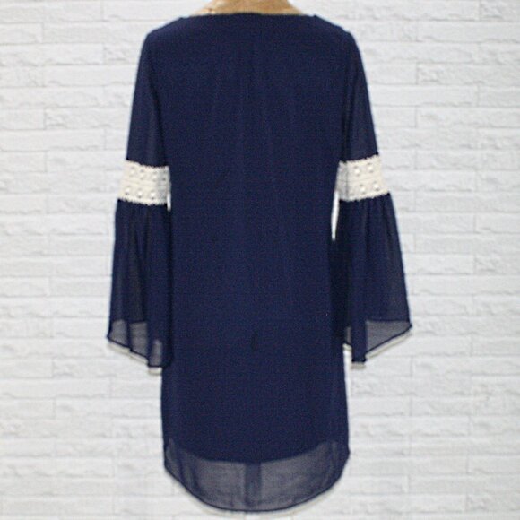BY & BY Dress Mini Chiffon Lace Sheer Overlay Long Bell Sleeve Navy Blue Flowy M - Picture 5 of 12